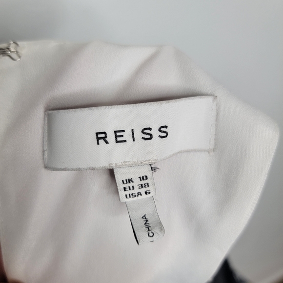 Reiss Naima Bow Detail Midi Dress In Navy and Gold Print Size 6 - Picture 8 of 8